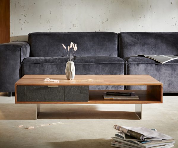 Konferenční stolek Teele 115x60 cm přírodní akácie a břidlice 2 zásuvky podnož nerezová ocel - Image 2