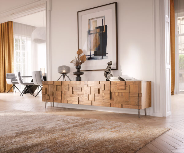 TV szekrény Puzzle 220 cm akác természetes 4 ajtós "L" alakú láb rozsdamentes acél