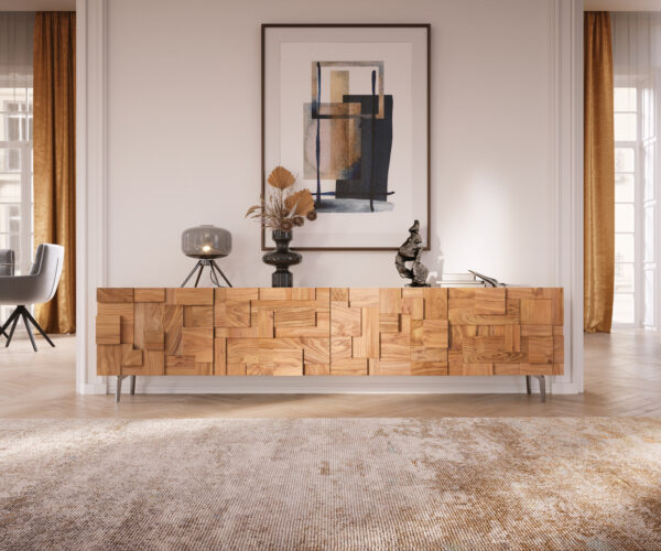 TV szekrény Puzzle 220 cm akác természetes 4 ajtós "L" alakú láb rozsdamentes acél - Image 2