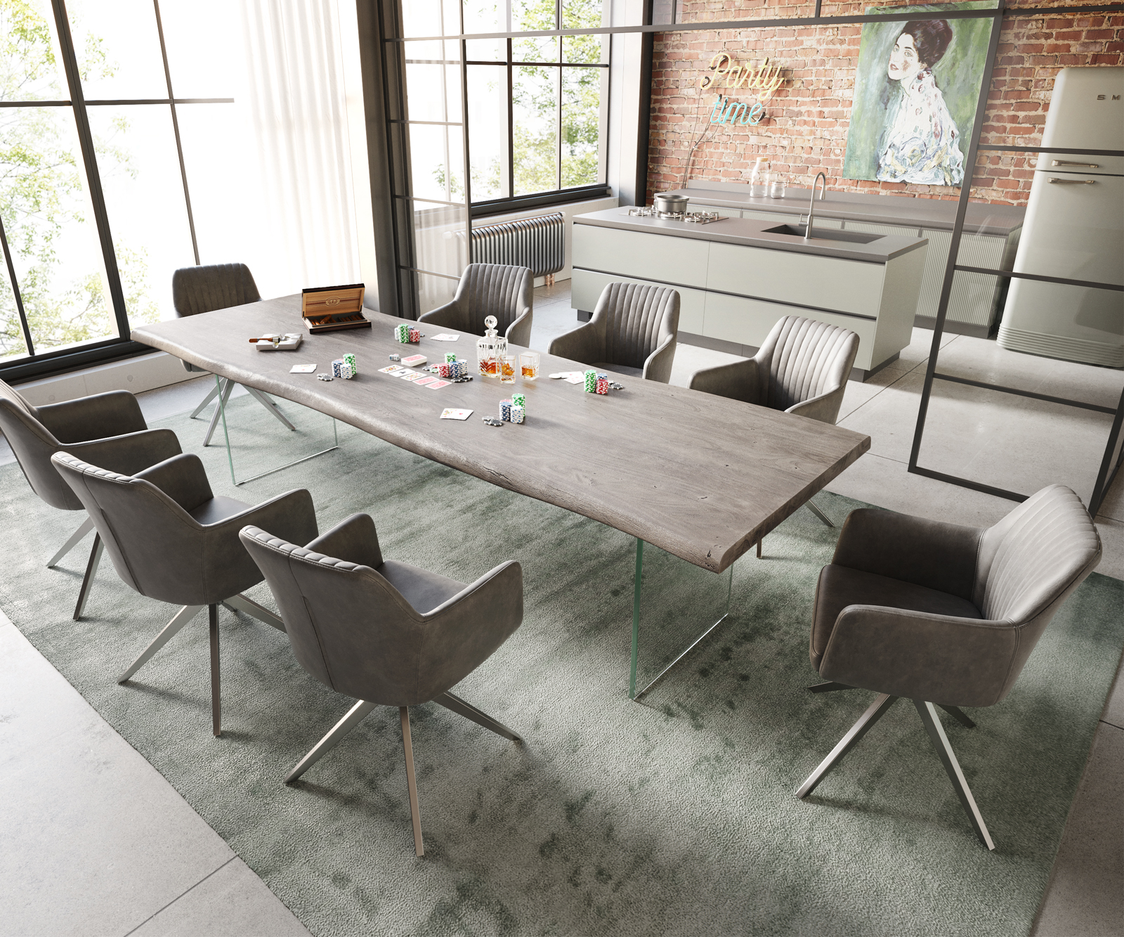 Étkezőasztal Edge 300x100 XL akác platina üveg Live-Edge - Image 5