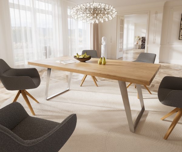 Jídelní stůl Edge 200x100 cm přírodní dub šikmá podnož nerezová ocel