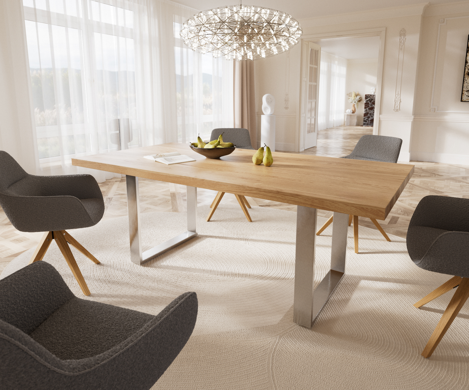 Jídelní stůl Edge 200x100 cm přírodní dub úzká podnož nerezová ocel