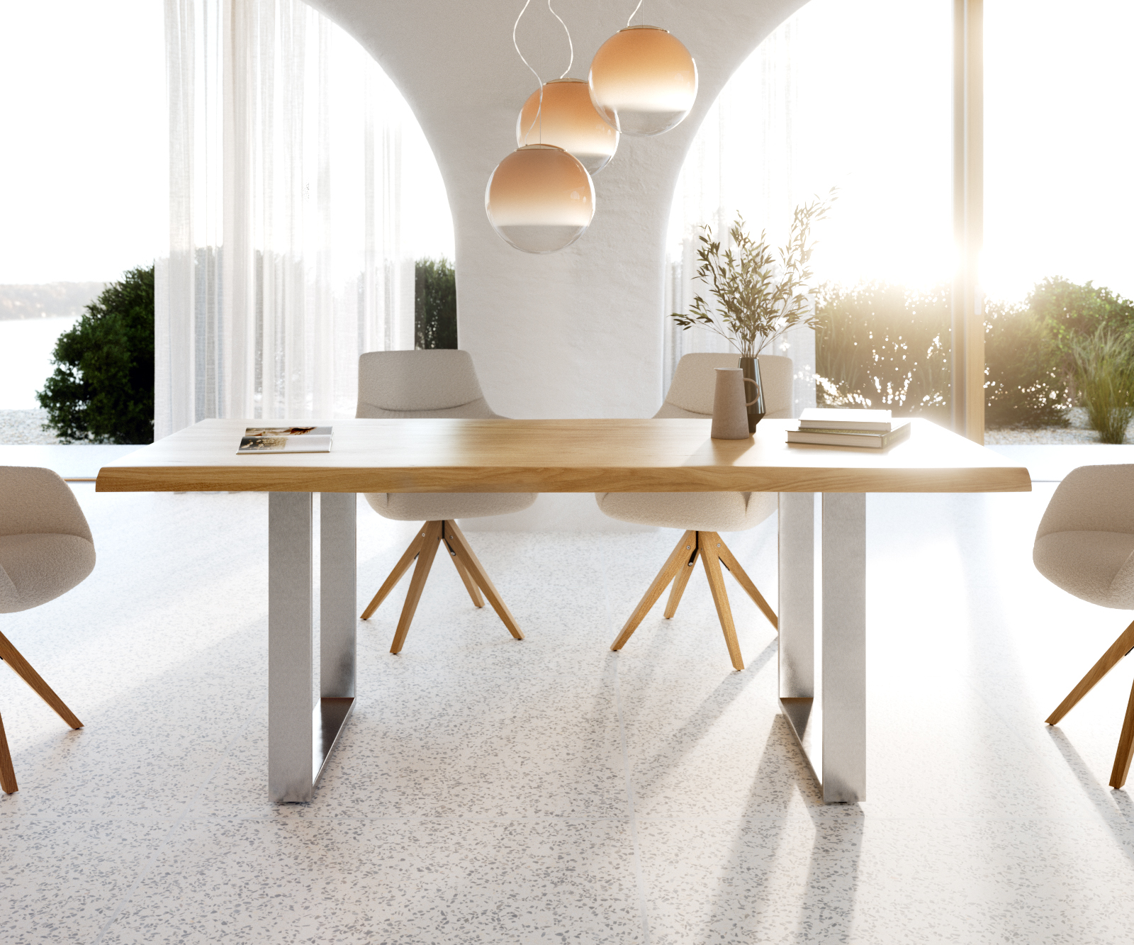 Étkezőasztal Edge 200x100 tölgy természetes rozsdamentes acél keskeny Live-Edge - Image 2