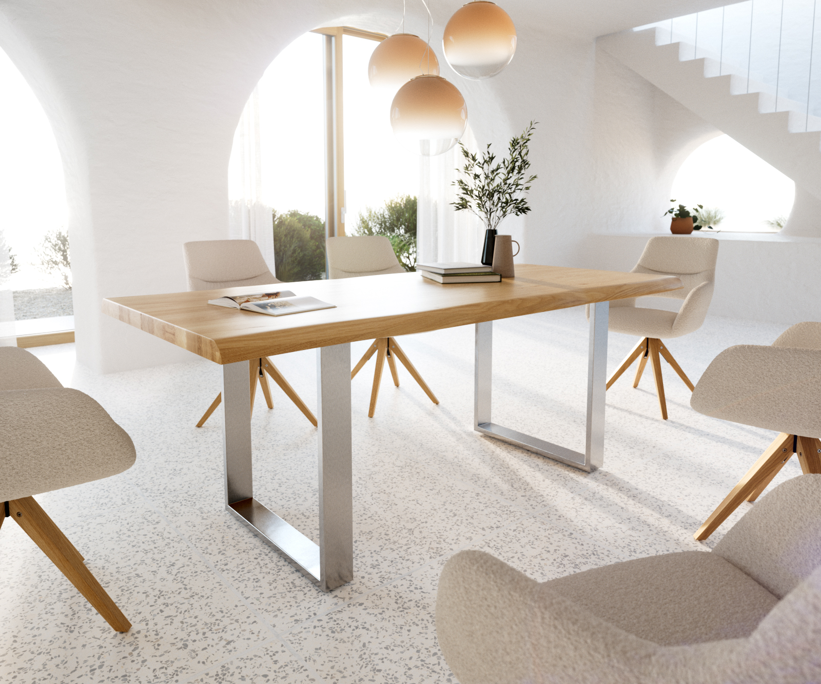 Étkezőasztal Edge 200x100 tölgy természetes rozsdamentes acél keskeny Live-Edge