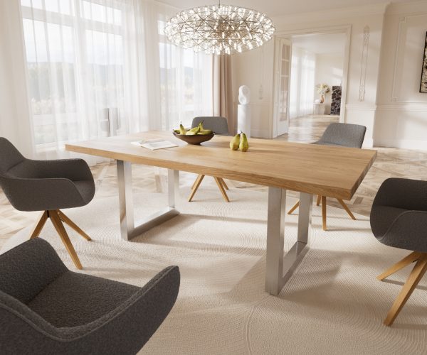 Jídelní stůl Edge 200x100 cm přírodní dub široká podnož nerezová ocel