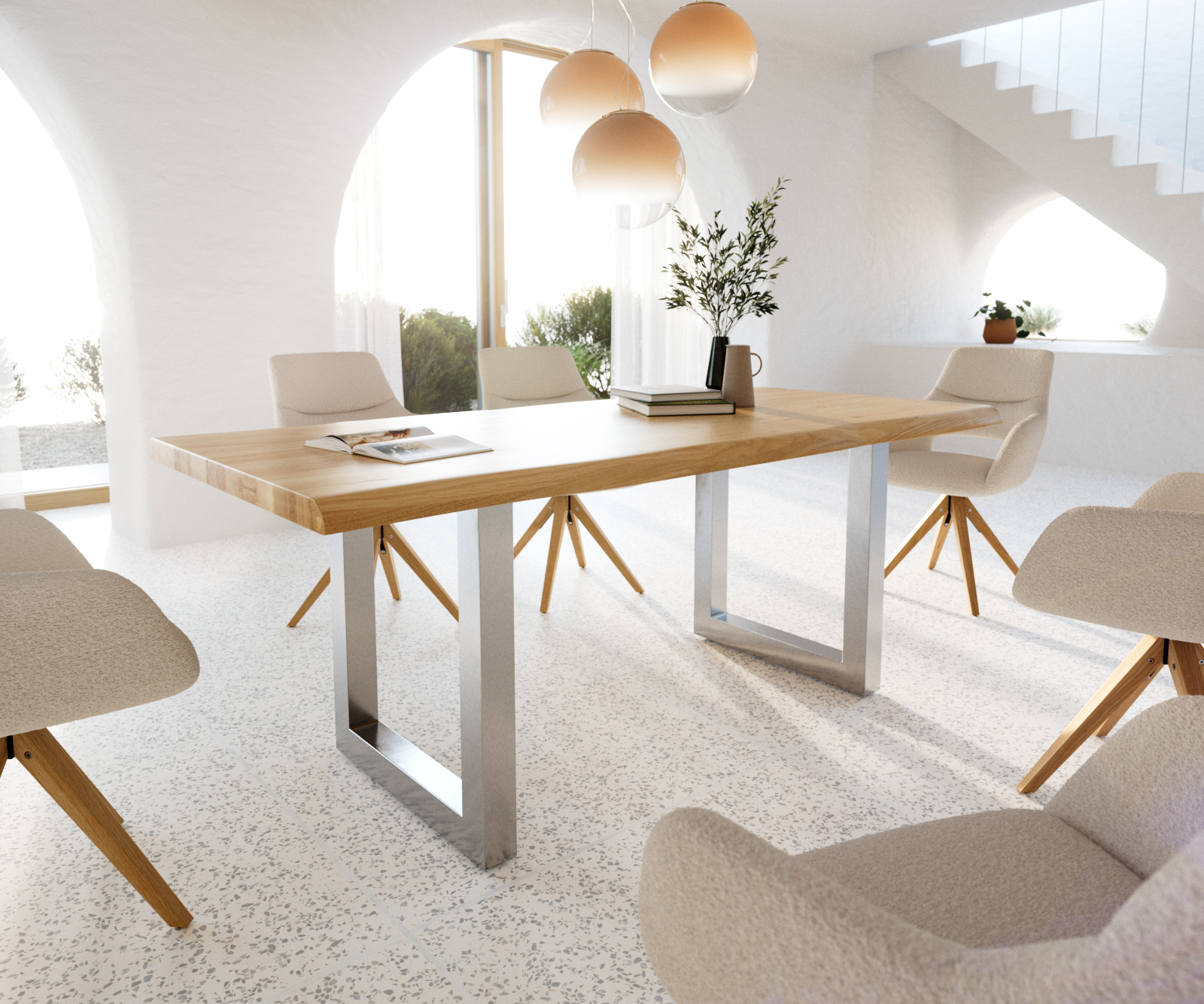 Étkezőasztal Edge 200x100 tölgy természetes rozsdamentes acél széles Live-Edge