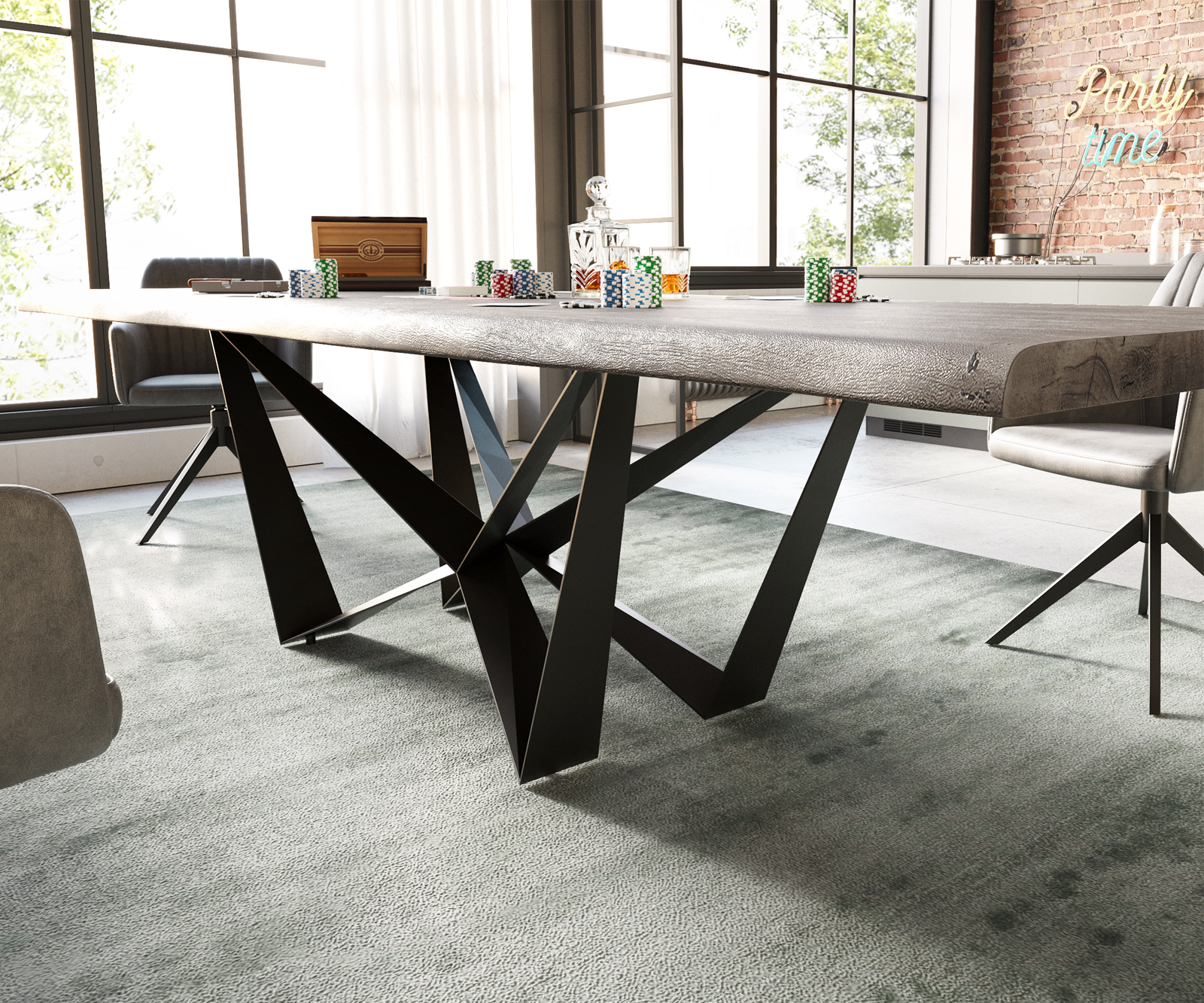 Étkezőasztal Edge 300x100 XL akác platina Spider laposacél fekete Live-Edge - Image 5