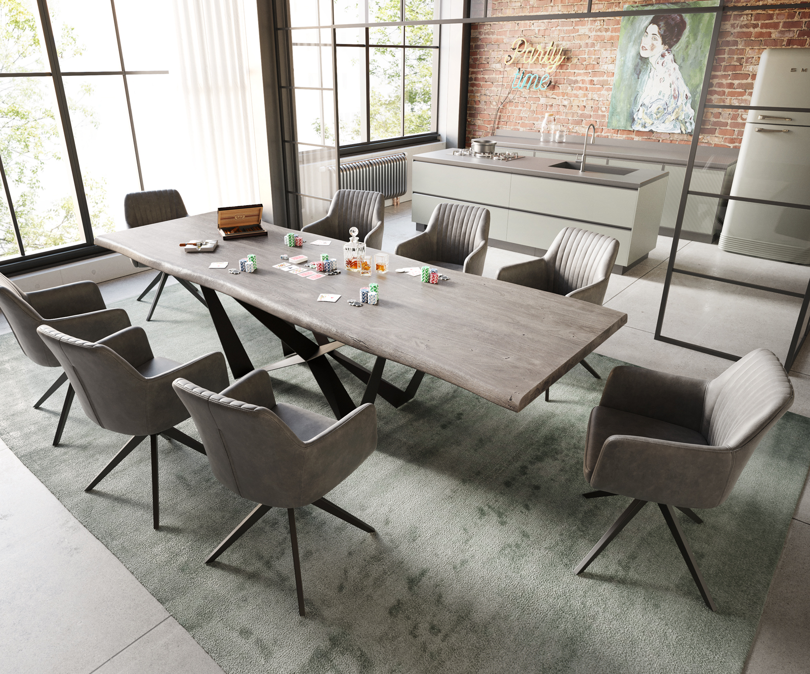 Étkezőasztal Edge 300x100 XL akác platina Spider laposacél fekete Live-Edge - Image 6