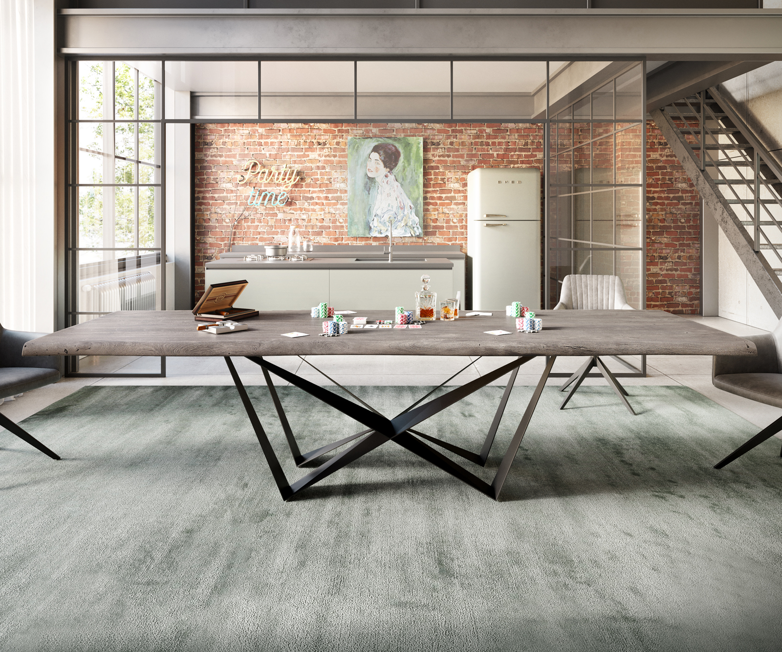 Étkezőasztal Edge 300x100 XL akác platina Spider laposacél fekete Live-Edge - Image 7