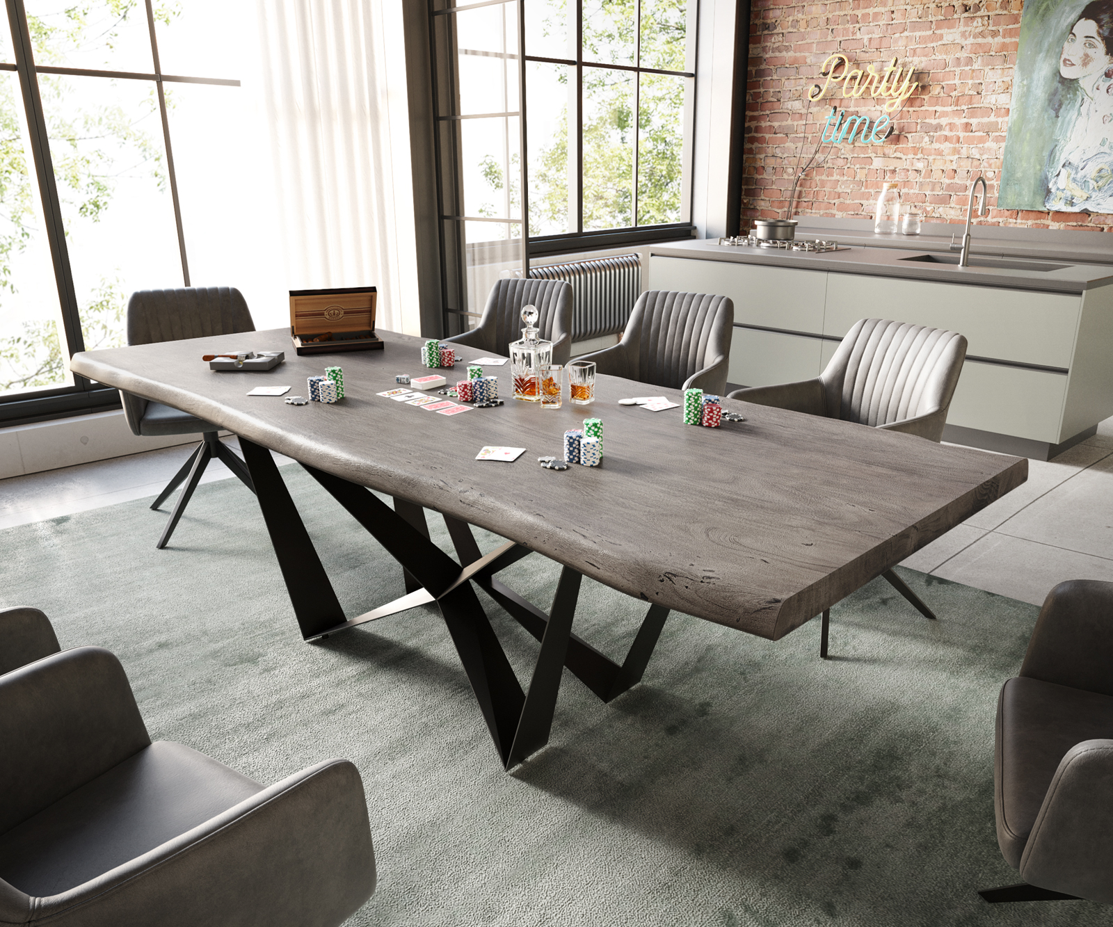 Jídelní stůl Edge 240x100 cm XL akácie platinová plochá podnož kov černá