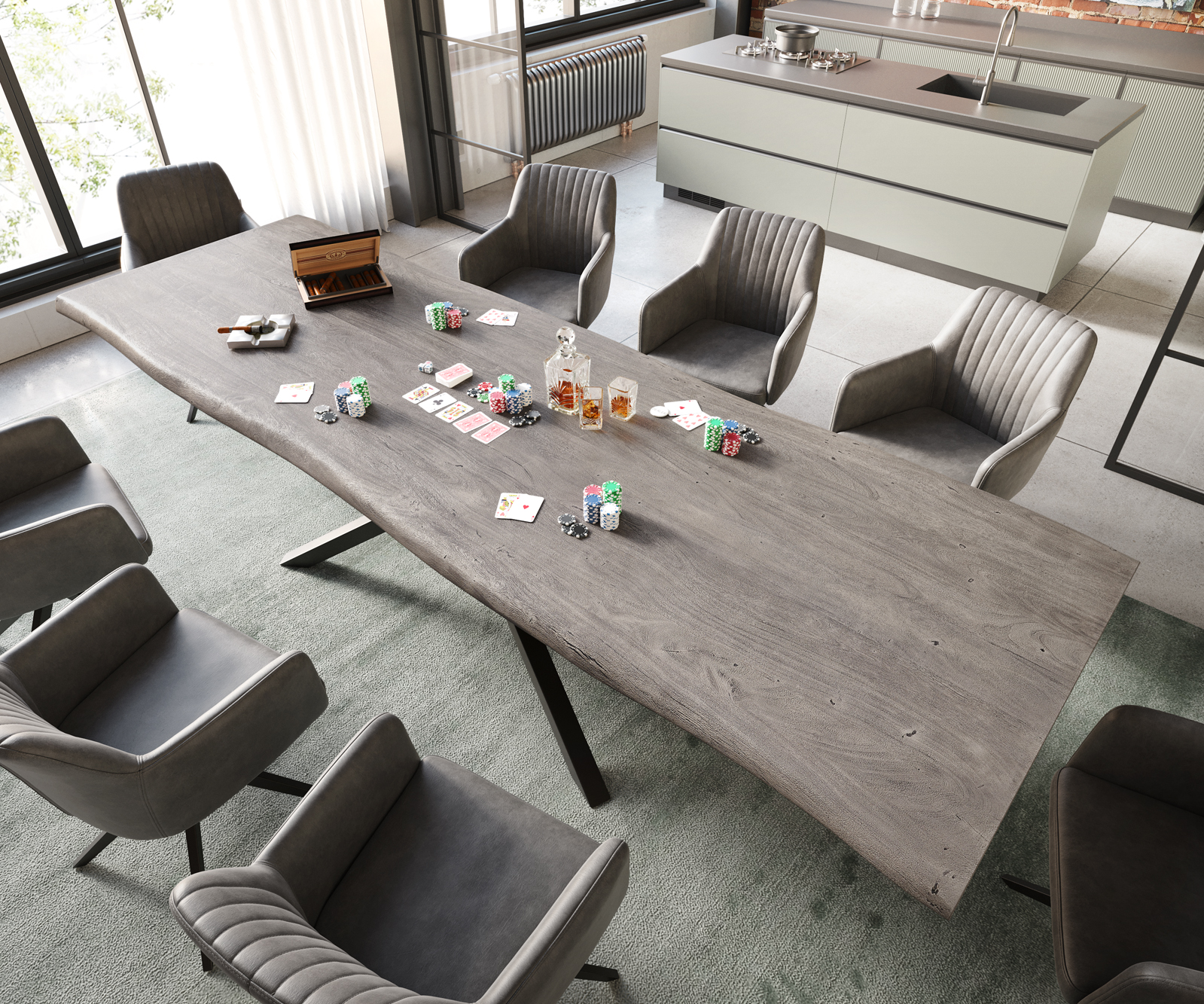 Étkezőasztal Edge 300x100 XL akác platina kereszt láb téglalap fekete Live-Edge - Image 2