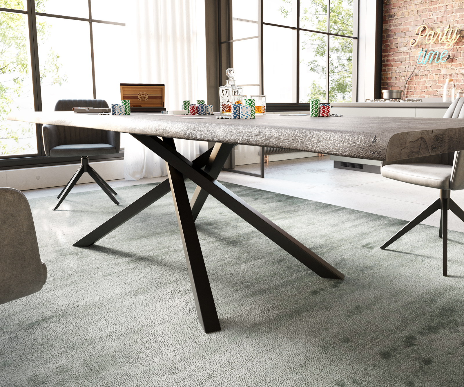 Étkezőasztal Edge 300x100 XL akác platina kereszt láb téglalap fekete Live-Edge - Image 4