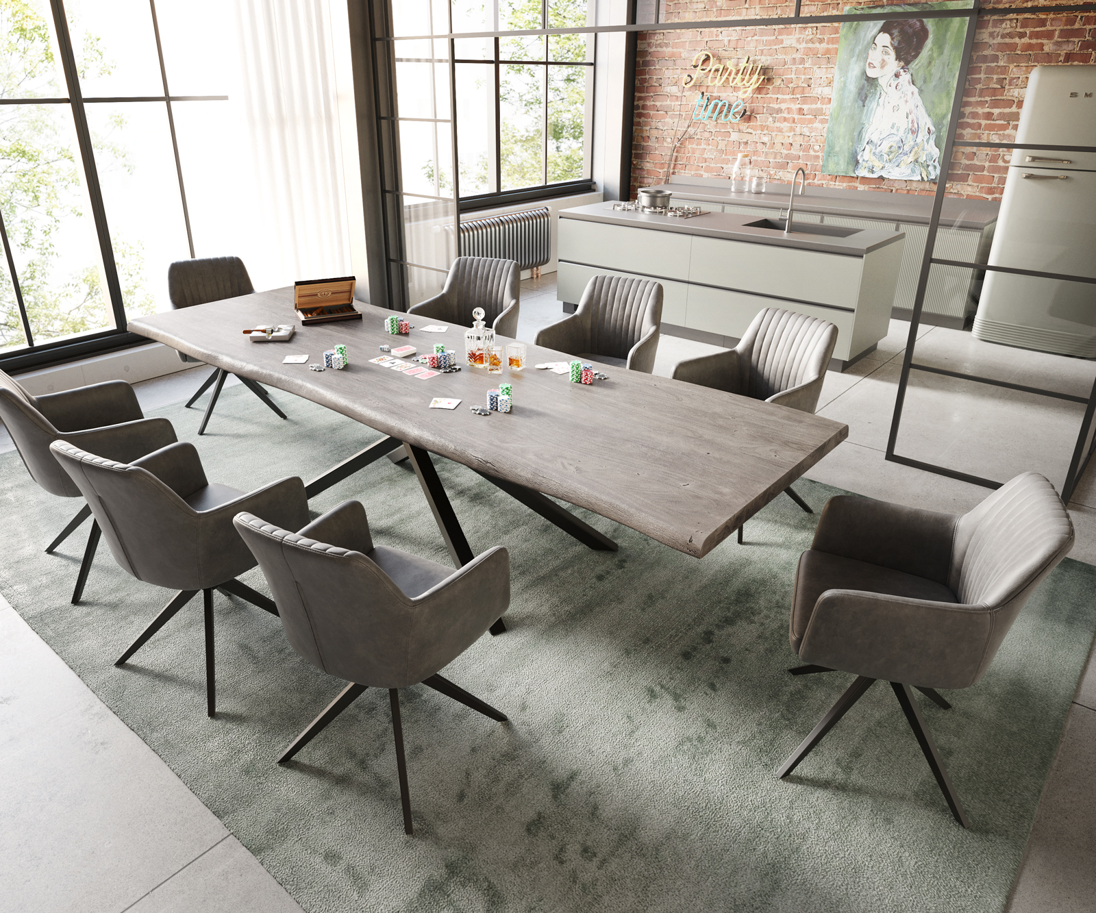 Étkezőasztal Edge 300x100 XL akác platina kereszt láb téglalap fekete Live-Edge - Image 5