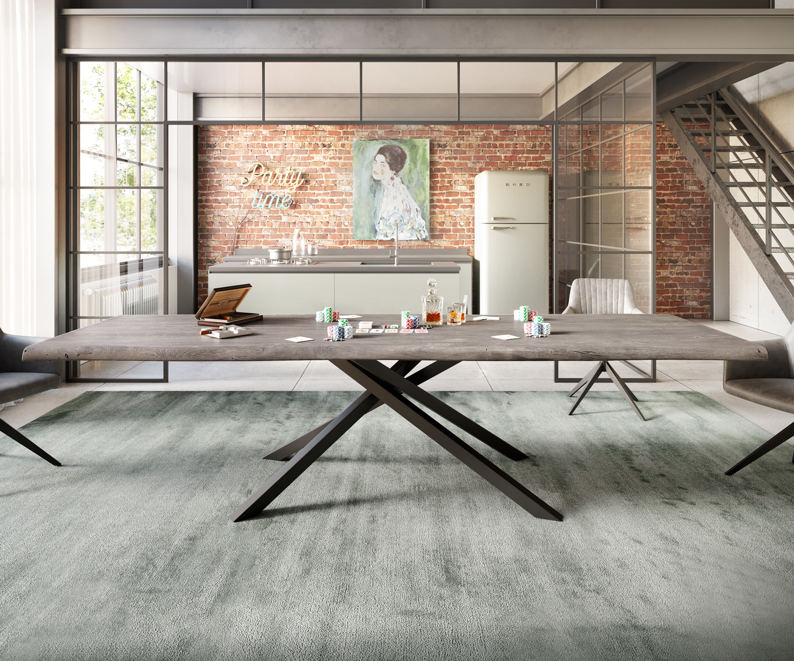 Étkezőasztal Edge 300x100 XL akác platina kereszt láb téglalap fekete Live-Edge - Image 6