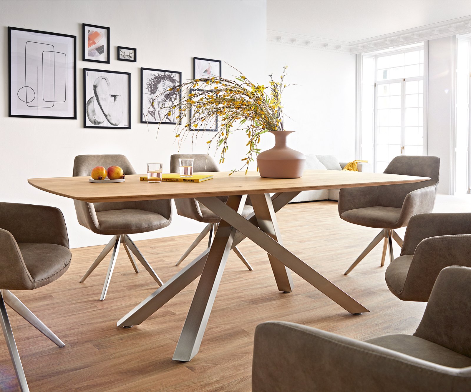 Étkezőasztal Edge hajóformájú 200x100x2,5-3 tölgy természetes kereszt láb téglalap rozsdamentes acél svájci él