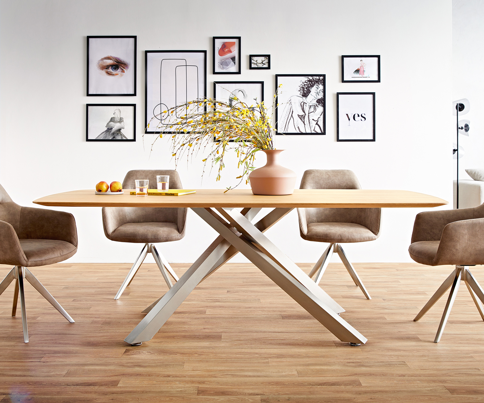 Étkezőasztal Edge hajóformájú 200x100x2,5-3 tölgy természetes kereszt láb téglalap rozsdamentes acél svájci él - Image 5