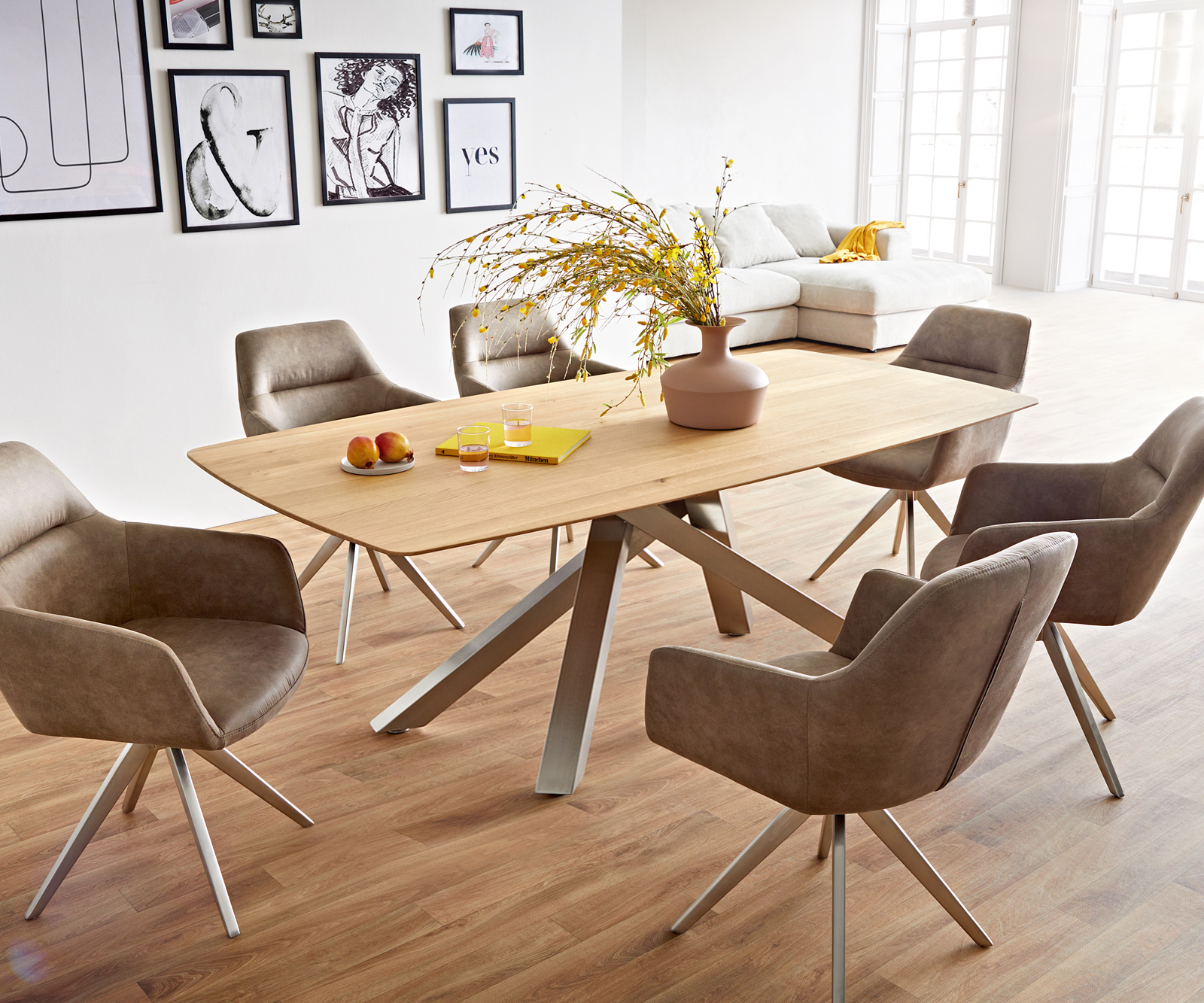 Étkezőasztal Edge hajóformájú 200x100x2,5-3 tölgy természetes kereszt láb téglalap rozsdamentes acél svájci él - Image 7