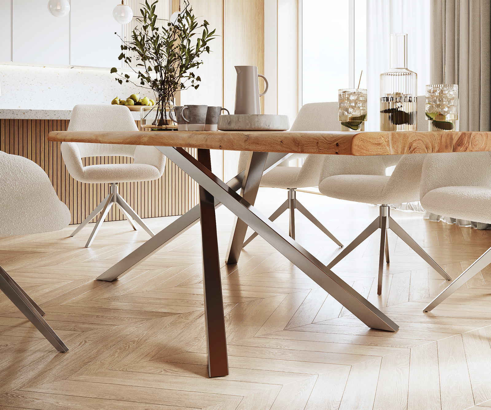 Étkezőasztal Edge 300x100 XL akác természetes kereszt láb téglalap rozsdamentes acél Live-Edge - Image 5