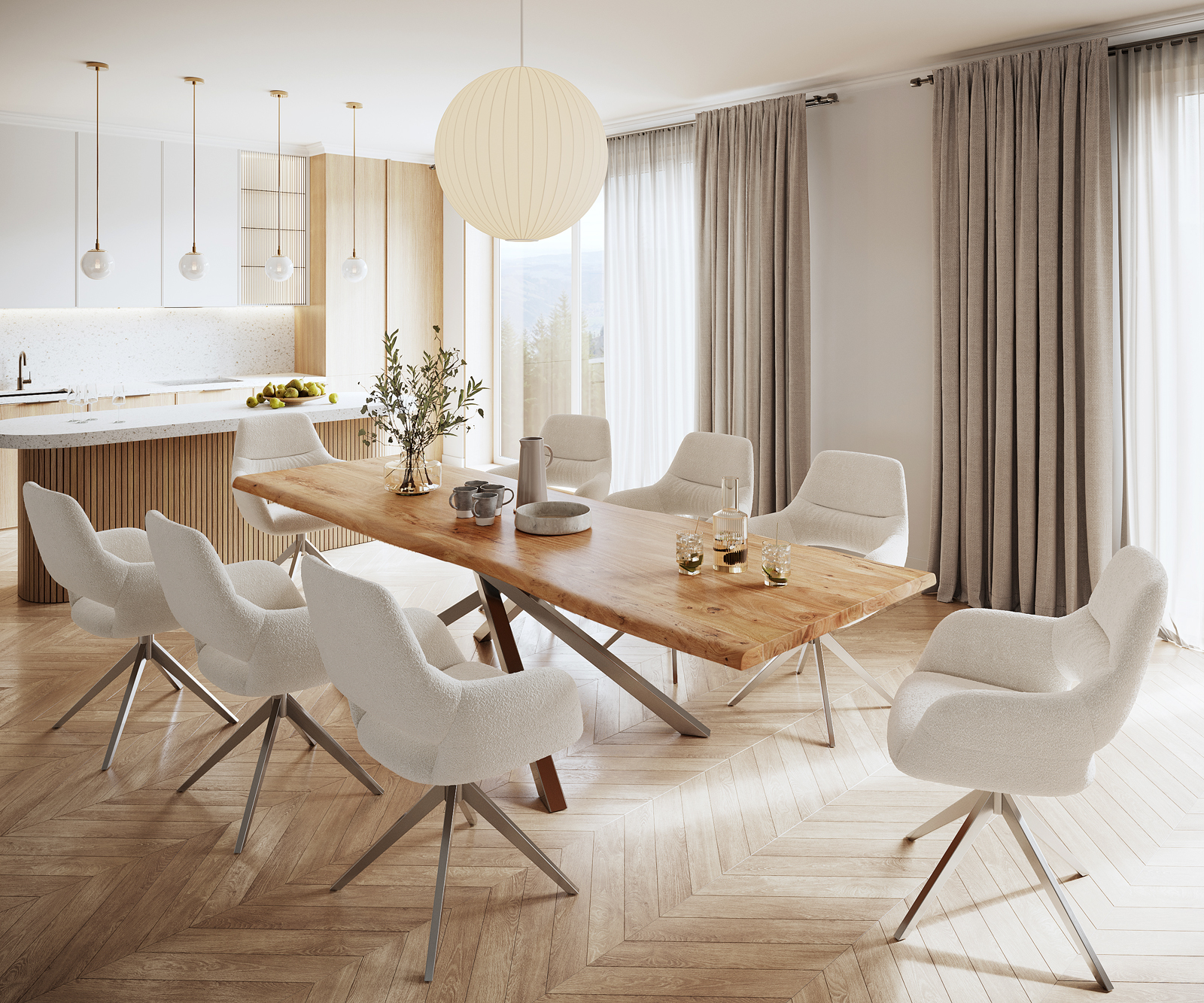 Étkezőasztal Edge 300x100 XL akác természetes kereszt láb téglalap rozsdamentes acél Live-Edge - Image 7