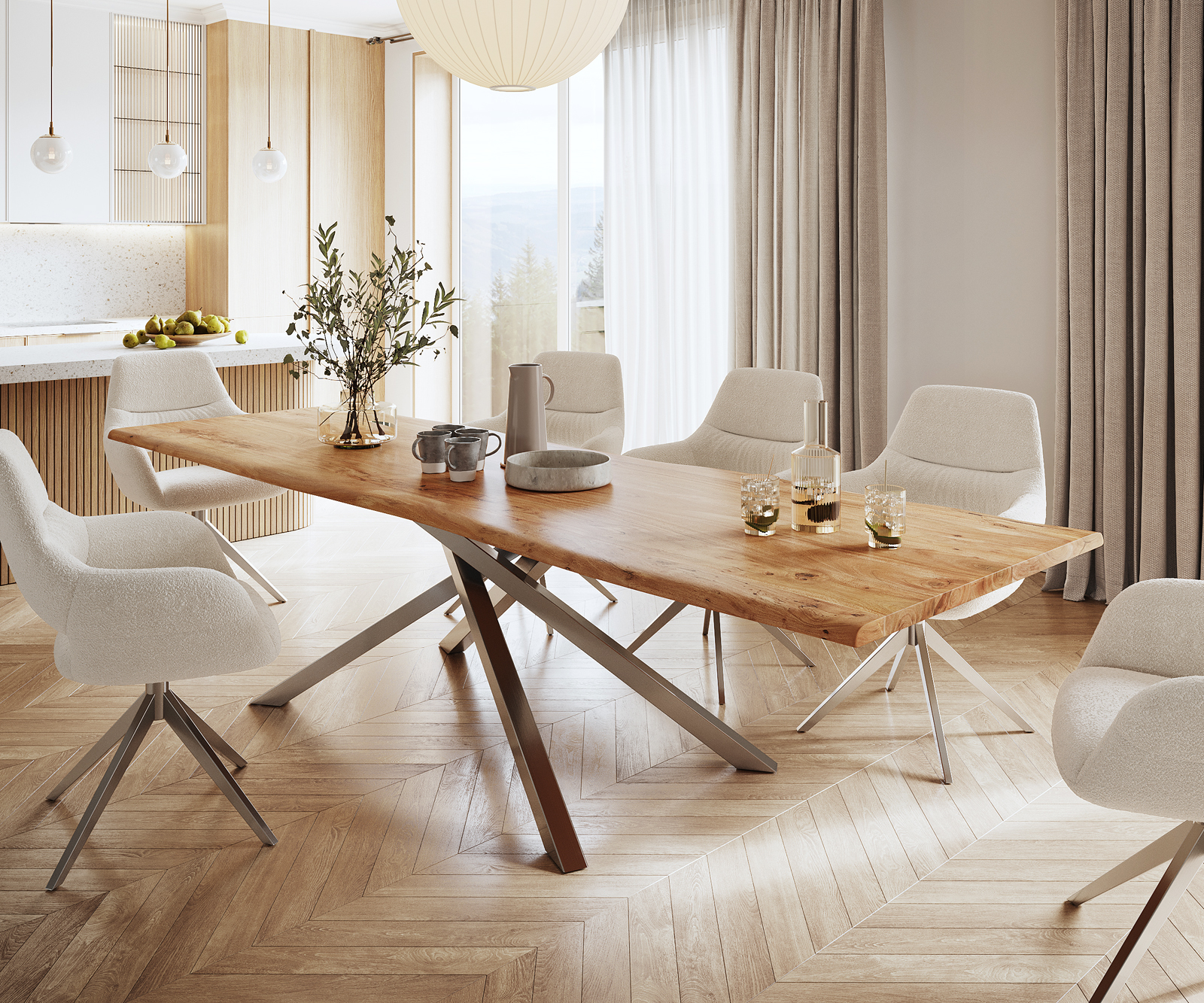 Étkezőasztal Edge 300x100 akác természetes kereszt láb téglalap rozsdamentes acél Live-Edge