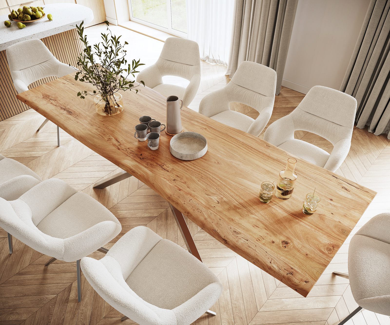 Étkezőasztal Edge 300x100 akác természetes kereszt láb téglalap rozsdamentes acél Live-Edge - Image 4