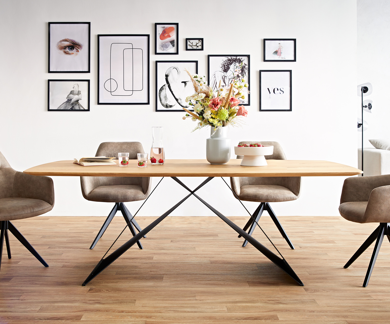 Étkezőasztal Edge hajóformájú 200x100x2,5-3 cm tölgy természetes V-láb laposacél fekete svájci él - Image 5