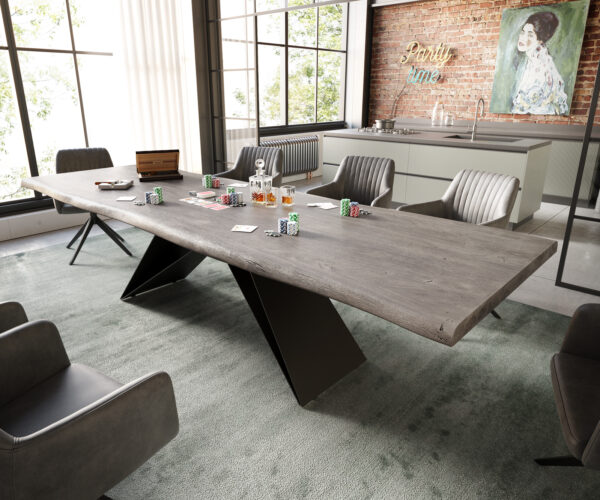 Étkezőasztal Edge 300x100 XL akác platina V alakú láb laposacél fekete Live-Edge