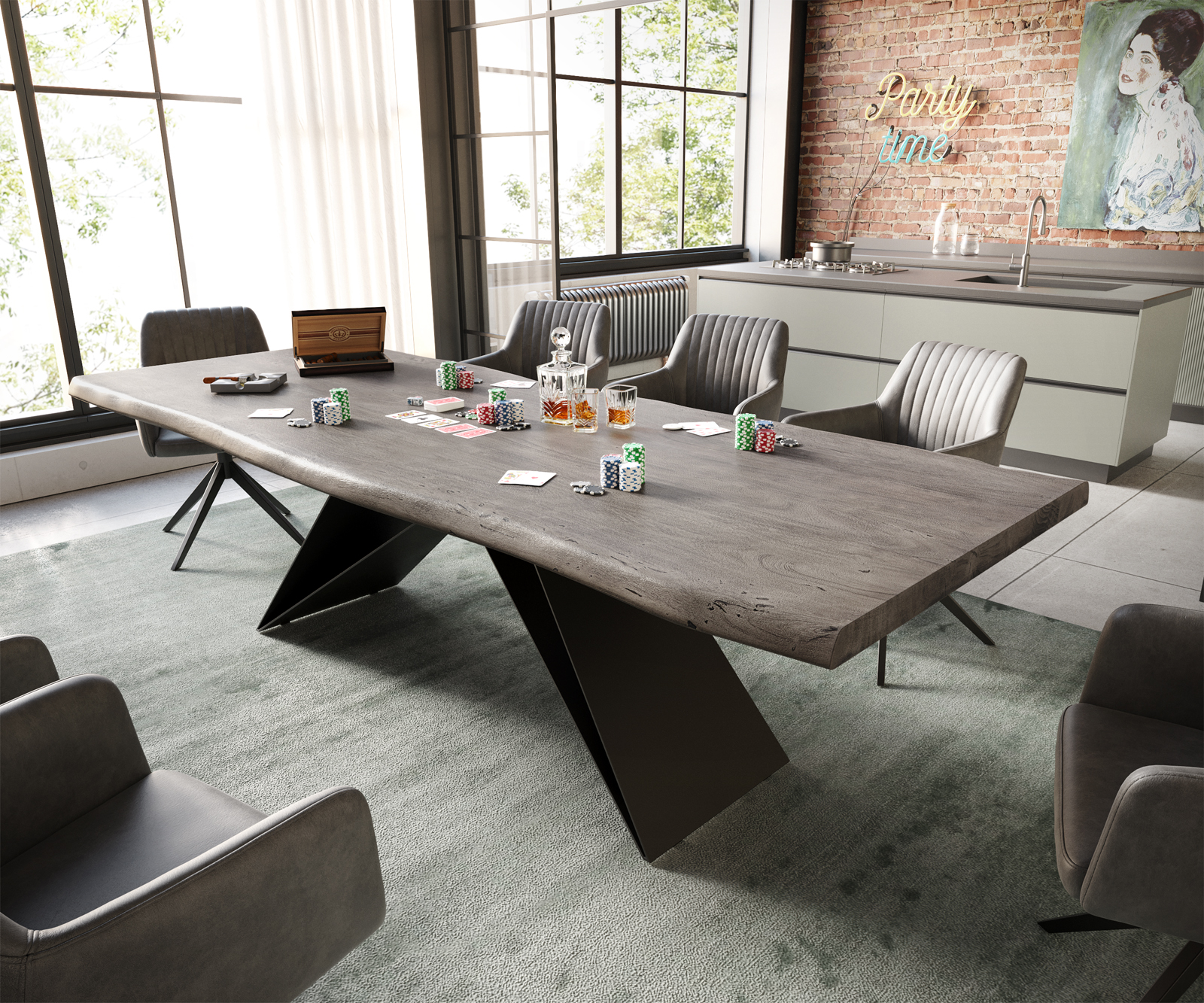 Étkezőasztal Edge 260x100 XL akác platina V alakú láb laposacél fekete Live-Edge