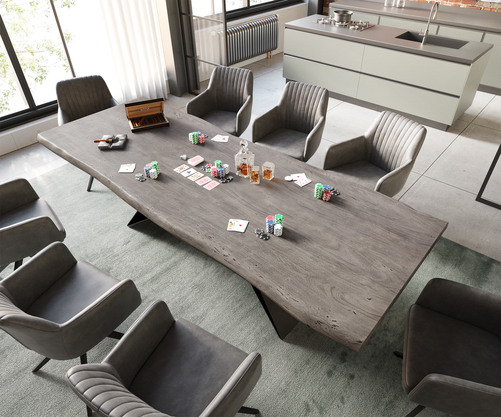 Étkezőasztal Edge 260x100 XL akác platina V alakú láb laposacél fekete Live-Edge - Image 2