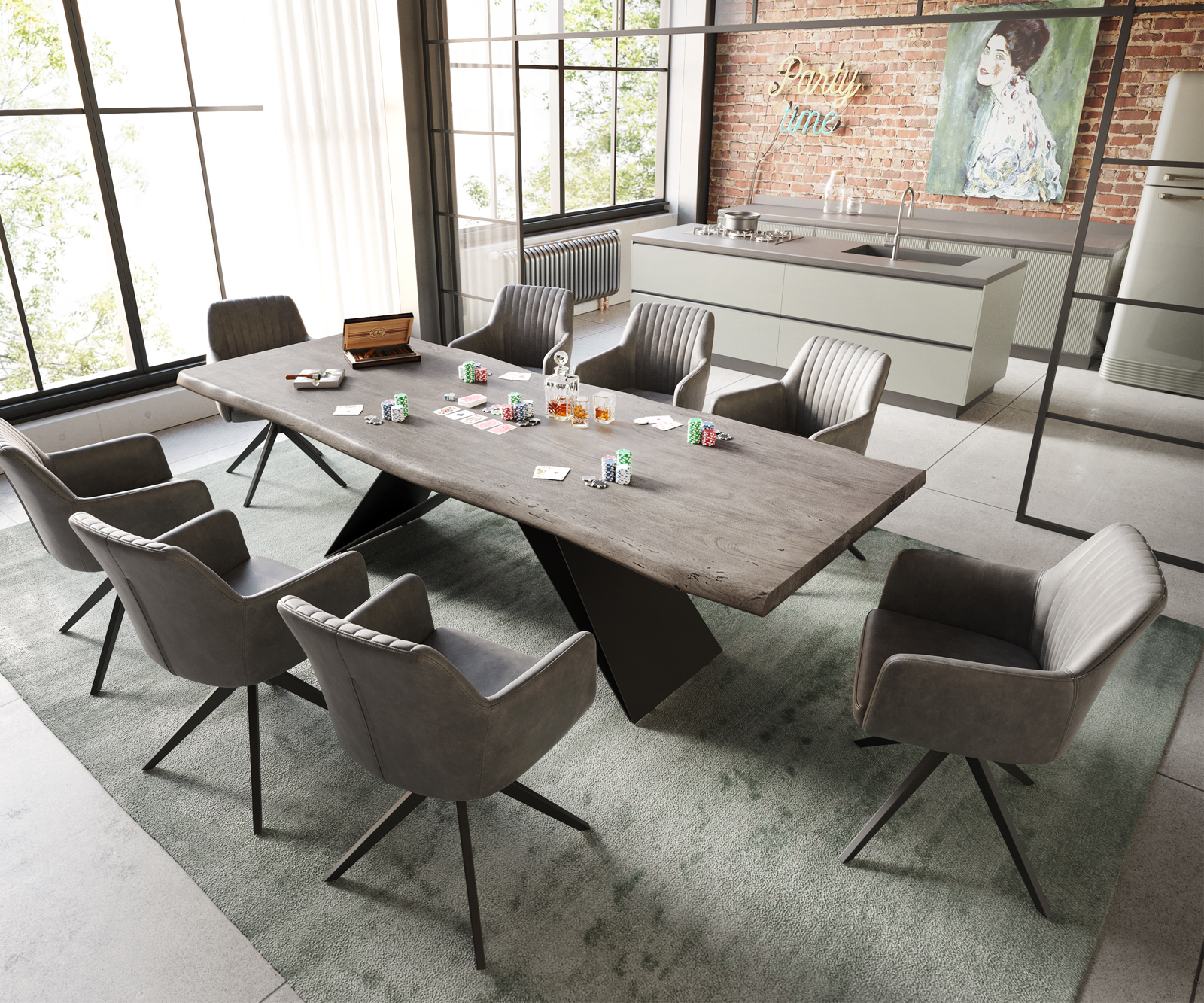 Étkezőasztal Edge 260x100 XL akác platina V alakú láb laposacél fekete Live-Edge - Image 5