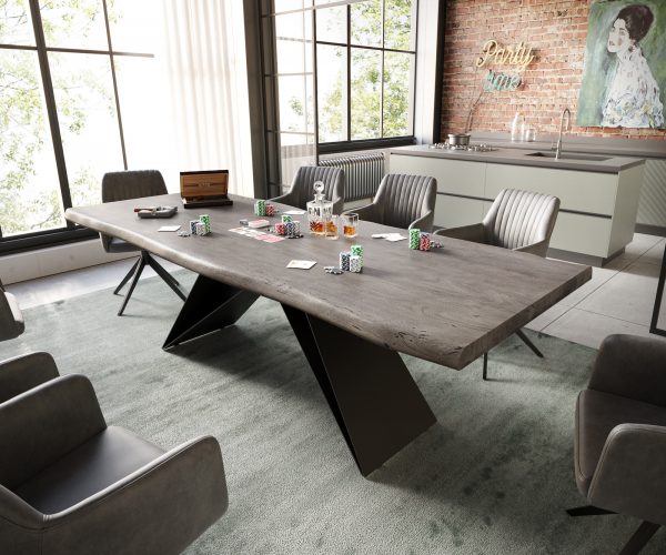 Jídelní stůl Edge 240x100 cm XL akácie platina podnož ve tvaru "V" kov černá