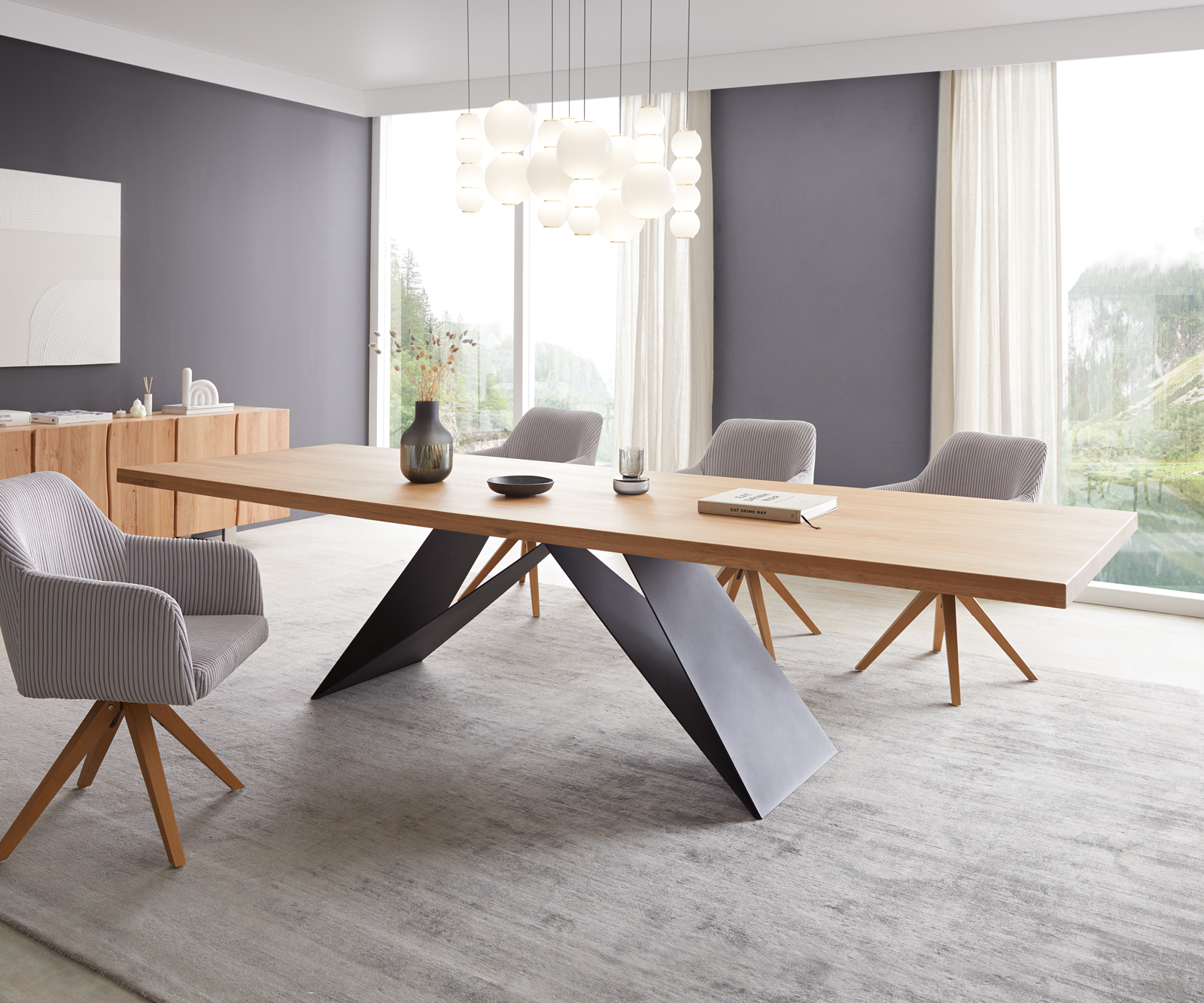 Étkezőasztal Edge 300x100 tölgy természetes V alakú láb laposacél fekete - Image 2