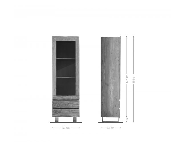 Üvegvitrin Live-Edge 60x190 cm akác természetes él 1 ajtós 2 fiókos masszív - Image 9