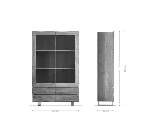 Üvegvitrin Live-Edge 120x190 cm akác természetes természetes él 2 ajtós 4 fiókos masszív - Image 9