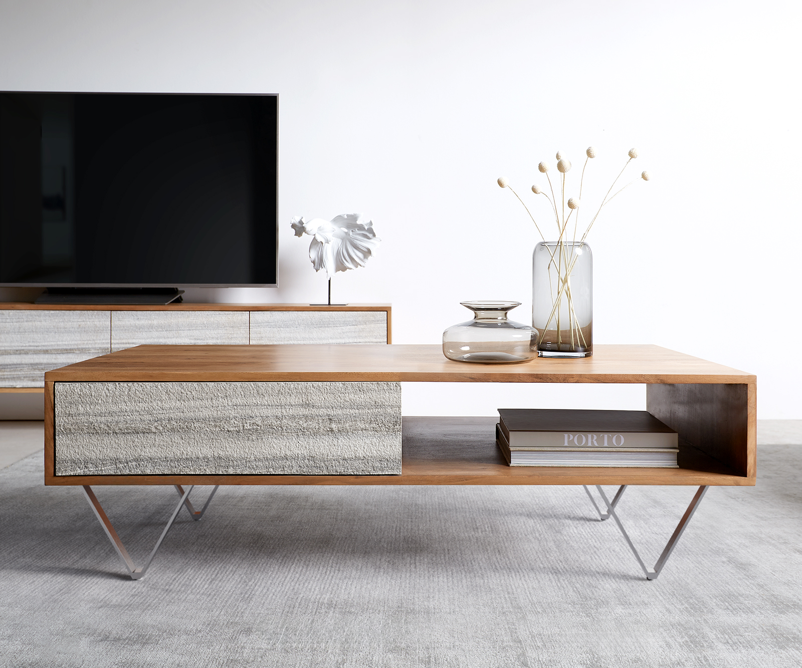 Konferenční stolek Kleo 115x60 cm přírodní akácie 2 zásuvky podnož ve tvaru "V" nerezová ocel - Image 2