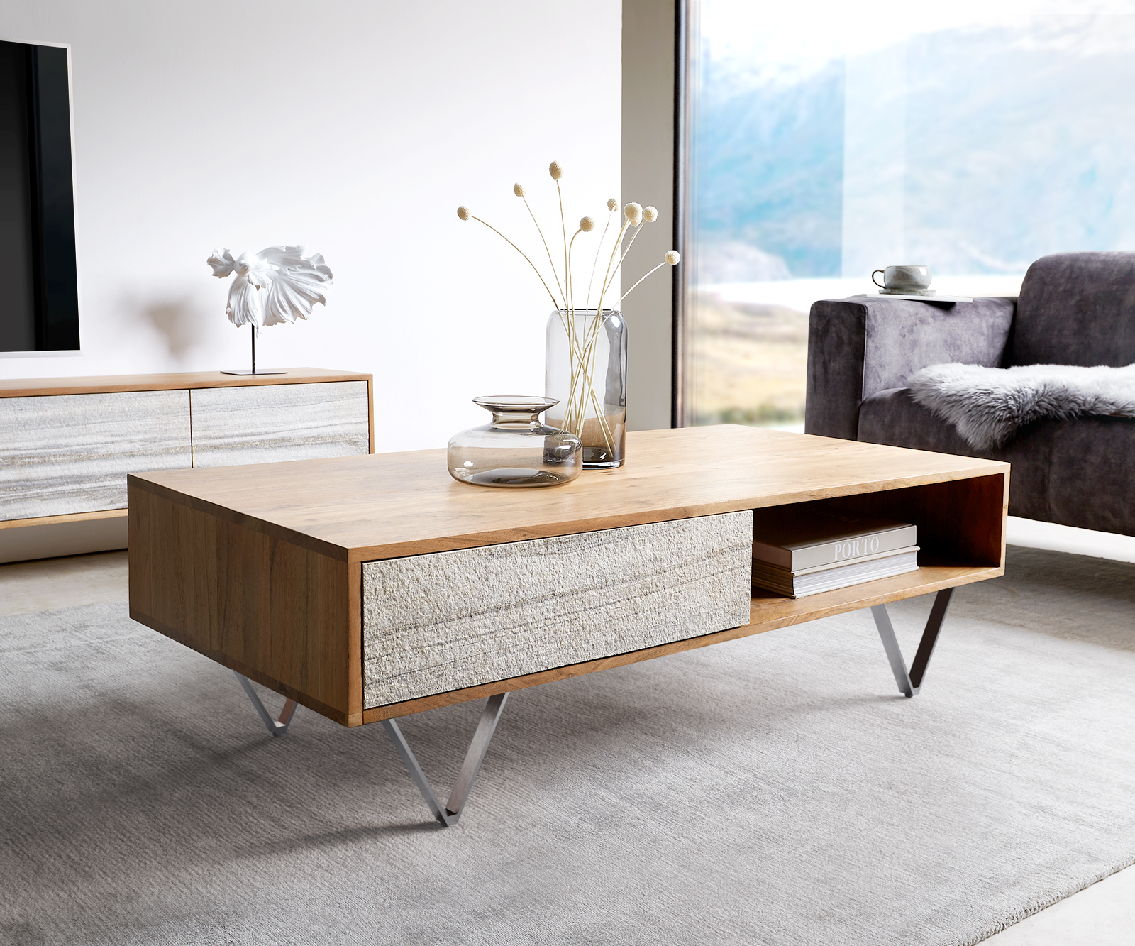 Konferenční stolek Kleo 115x60 cm přírodní akácie 2 zásuvky podnož ve tvaru "V" nerezová ocel