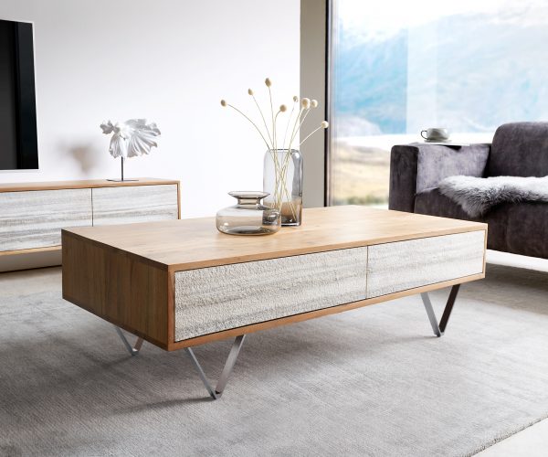 Konferenční stolek Kleo 115x60 cm přírodní akácie 4 zásuvky podnož ve tvaru "V" nerezová ocel