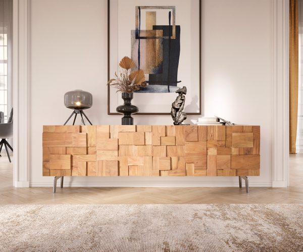TV szekrény Puzzle 175 cm 4 ajtós akác természetes szögletes láb rozsdamentes acél - Image 2