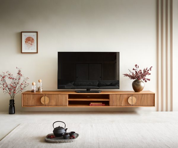 TV szekrény Surimu 240 cm akác világosbarna 4 ajtós 2 rekeszes parafa fogantyús lebegő - Image 2