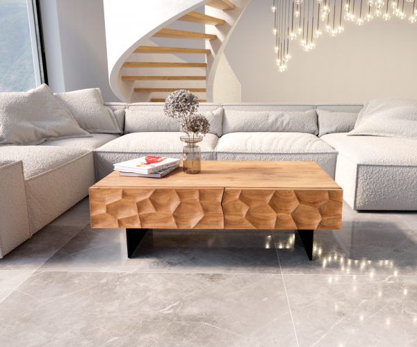 Dohányzóasztal Solu 120x70 cm akác természetes 4 fiók lebegő fém láb fekete 3D előlap - Image 2