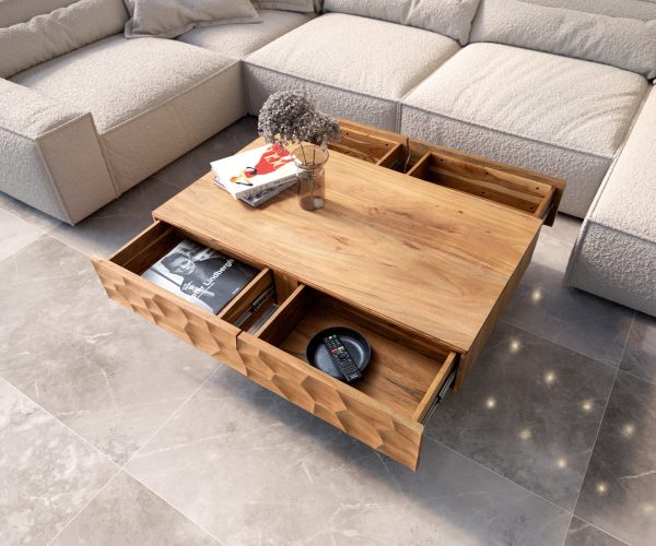 Dohányzóasztal Solu 120x70 cm akác természetes 4 fiók lebegő fém láb fekete 3D előlap - Image 4