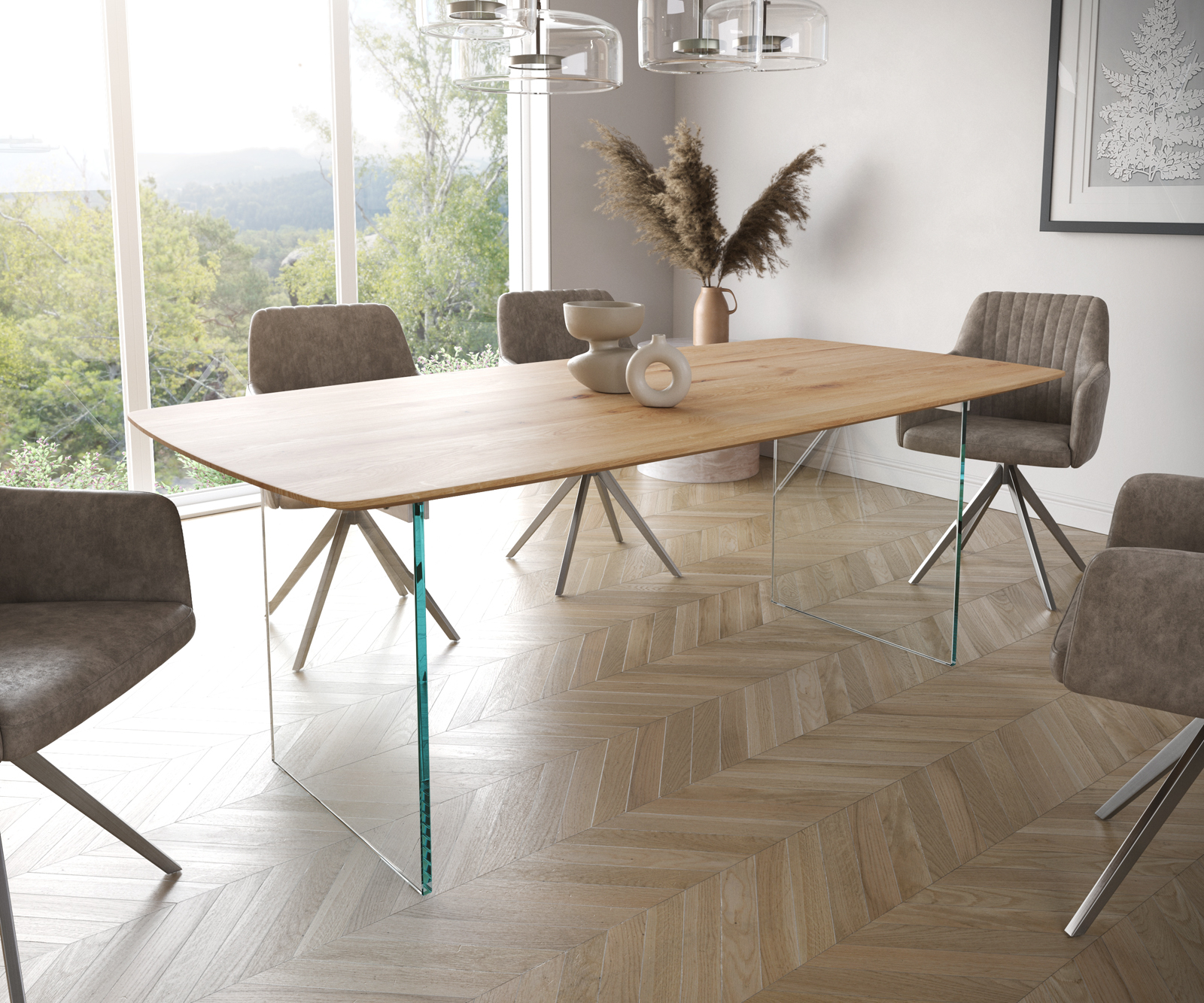 Étkezőasztal Edge hajóformájú 200x100x2,5-3 cm tölgy természetes üveg svájci él