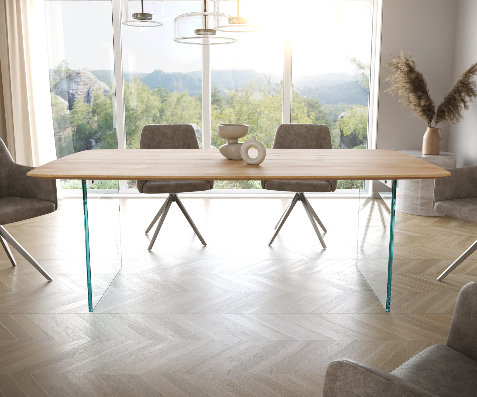 Étkezőasztal Edge hajóformájú 200x100x2,5-3 cm tölgy természetes üveg svájci él - Image 2