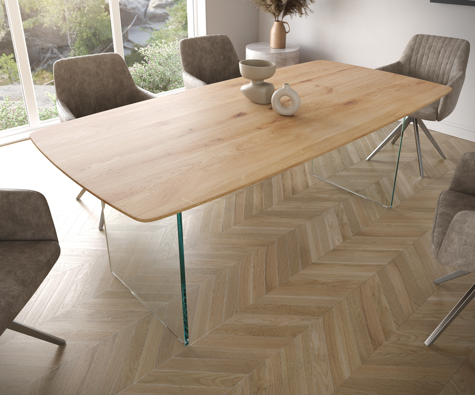 Étkezőasztal Edge hajóformájú 200x100x2,5-3 cm tölgy természetes üveg svájci él - Image 4