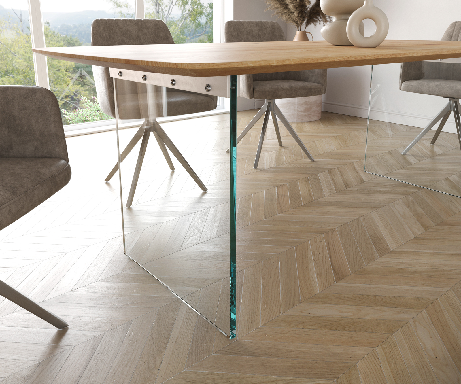 Étkezőasztal Edge hajóformájú 200x100x2,5-3 cm tölgy természetes üveg svájci él - Image 6