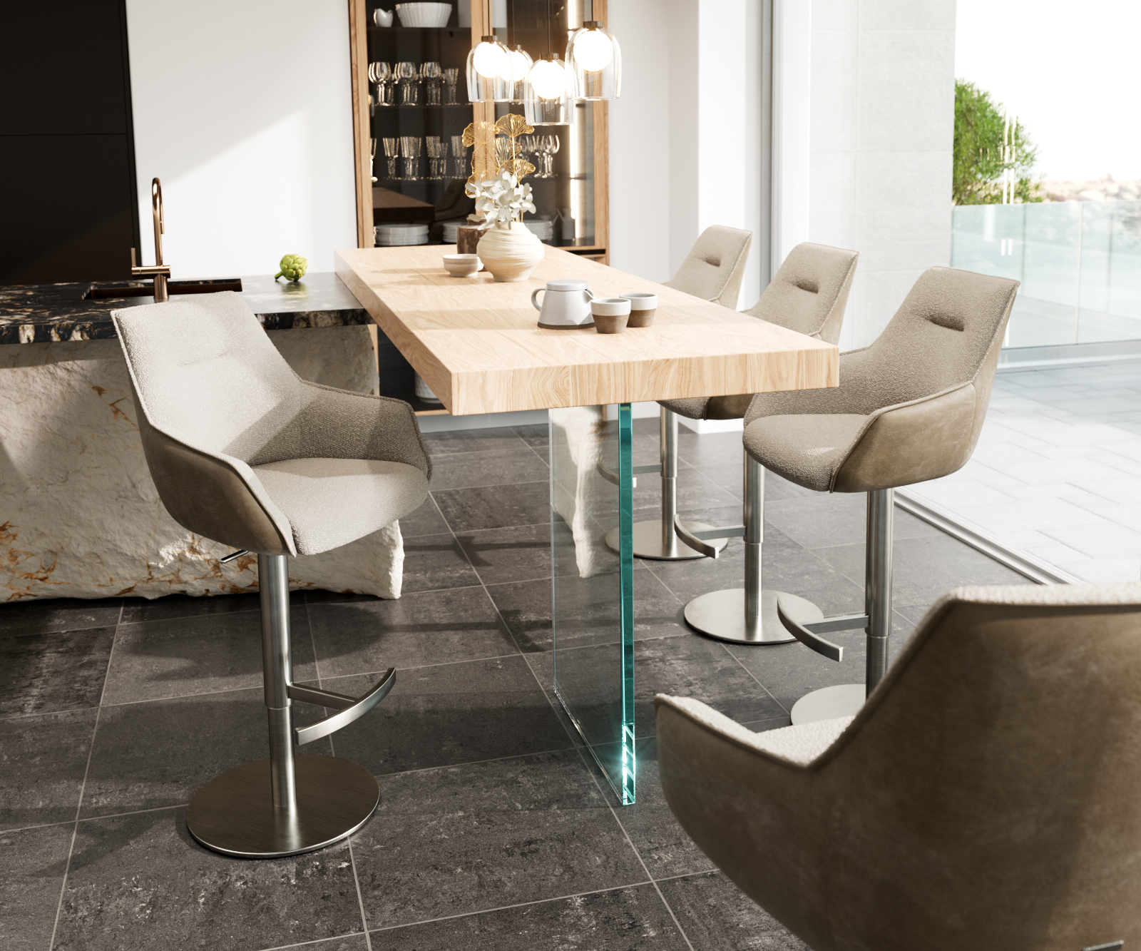 Bárszék Alja-Flex vegyes anyag mikroszálas sötét bézs bouclé sötét bézs forgó láb magasságban állítható rozsdamentes acél forgatható zsákrugós - Image 4