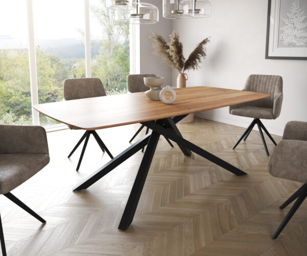 Étkezőasztal Edge hajóformájú 200x100 akác természetes kereszt láb téglalap fekete svájci él