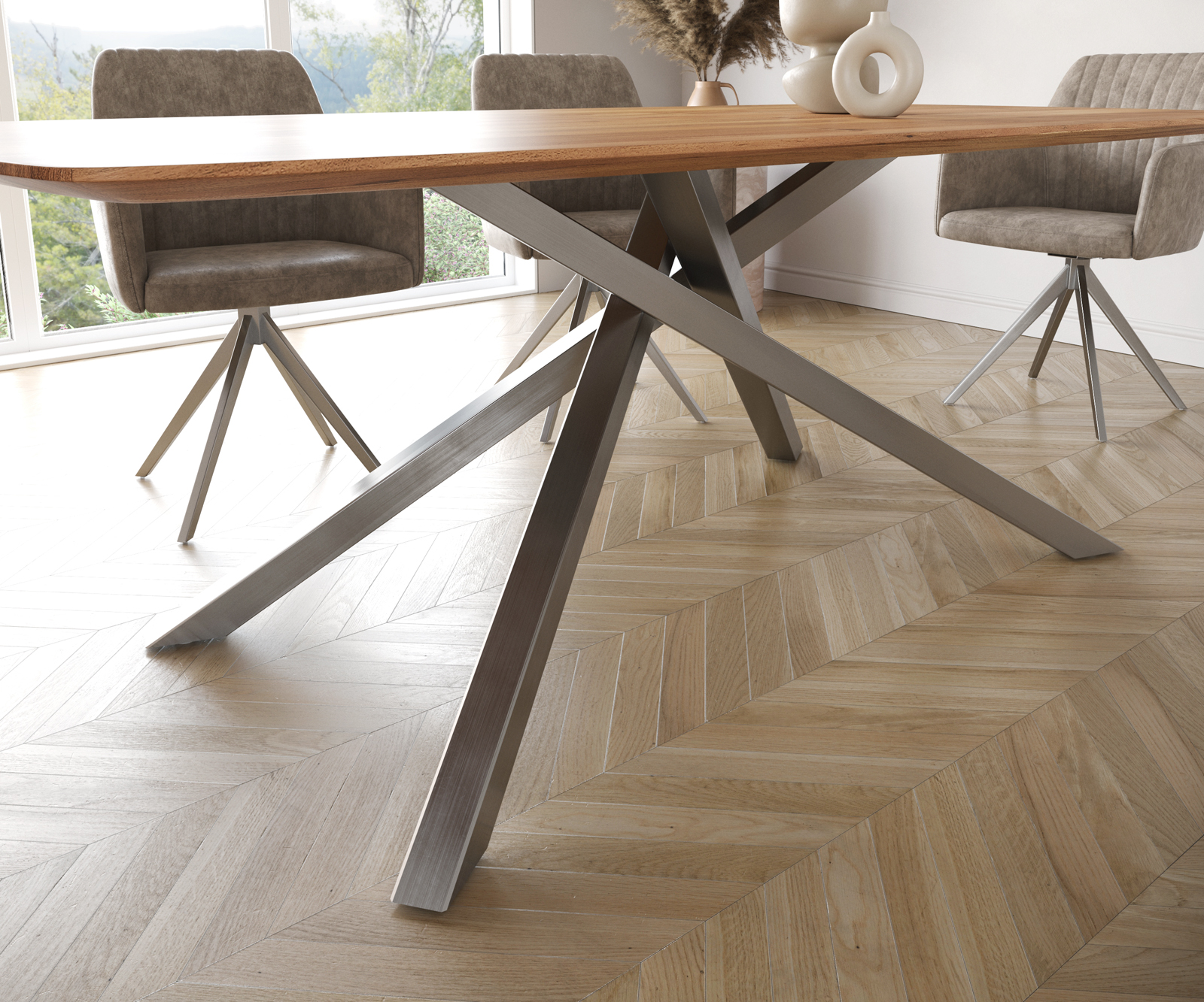 Étkezőasztal Edge hajóformájú 200x100 akác természetes kereszt láb téglalap rozsdamentes acél svájci él - Image 6