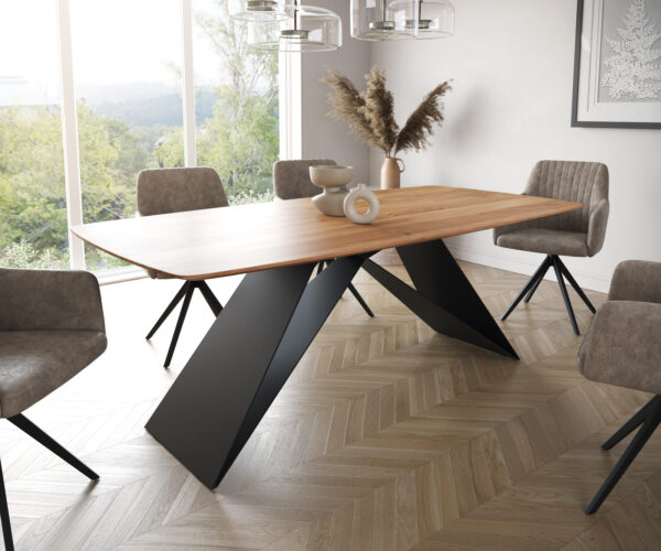 Étkezőasztal Edge hajóformájú 200x100 akác természetes V-láb laposacél fekete svájci él
