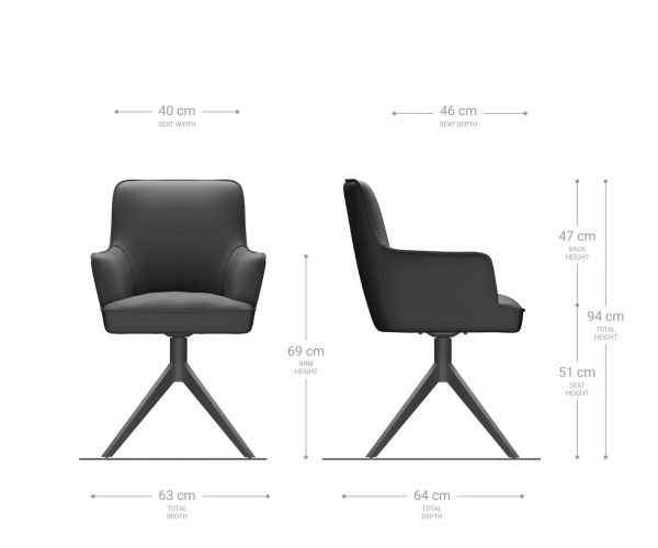 Étkezőszék Heira-Flex valódi bőr fekete karfás széles rozsdamentes acél kereszt láb 360° forgatható zsákrugós - Image 6